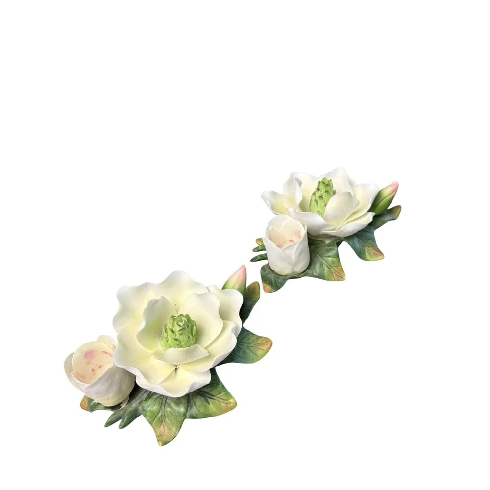 Set 2 Vintage Magnolia Flower Porcelain Figurines White Floral Decor‎
